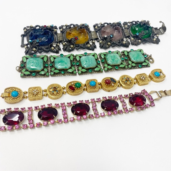 680 Collection Of 4 Vintage Ornate Link Bracelets, All Mixed Materials - Picture 5 of 13